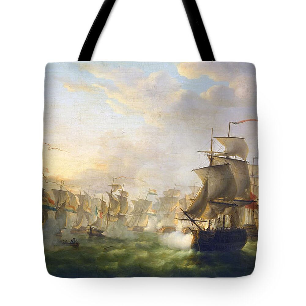 Dutch And English Fleets Tote Bag featuring the painting Dutch and English Fleets by Martinus Schouman