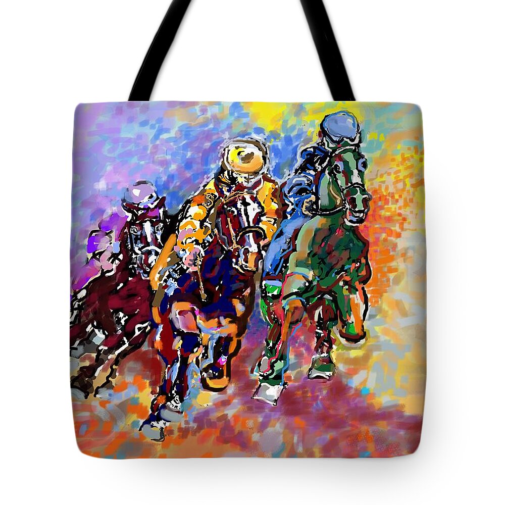 Horses Tote Bag featuring the digital art Dynamic winner by Mary Armstrong