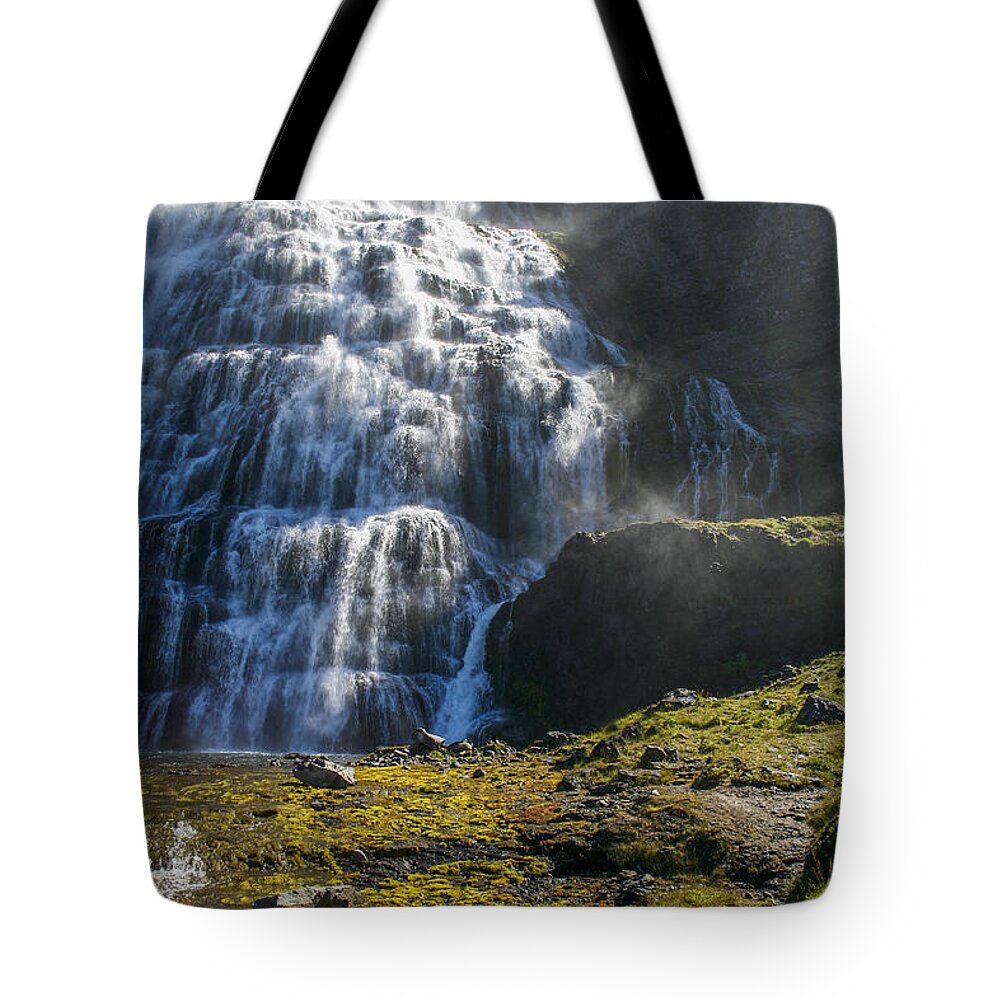 Flow Tote Bag featuring the photograph Dynjandi waterfall in Iceland by Patricia Hofmeester