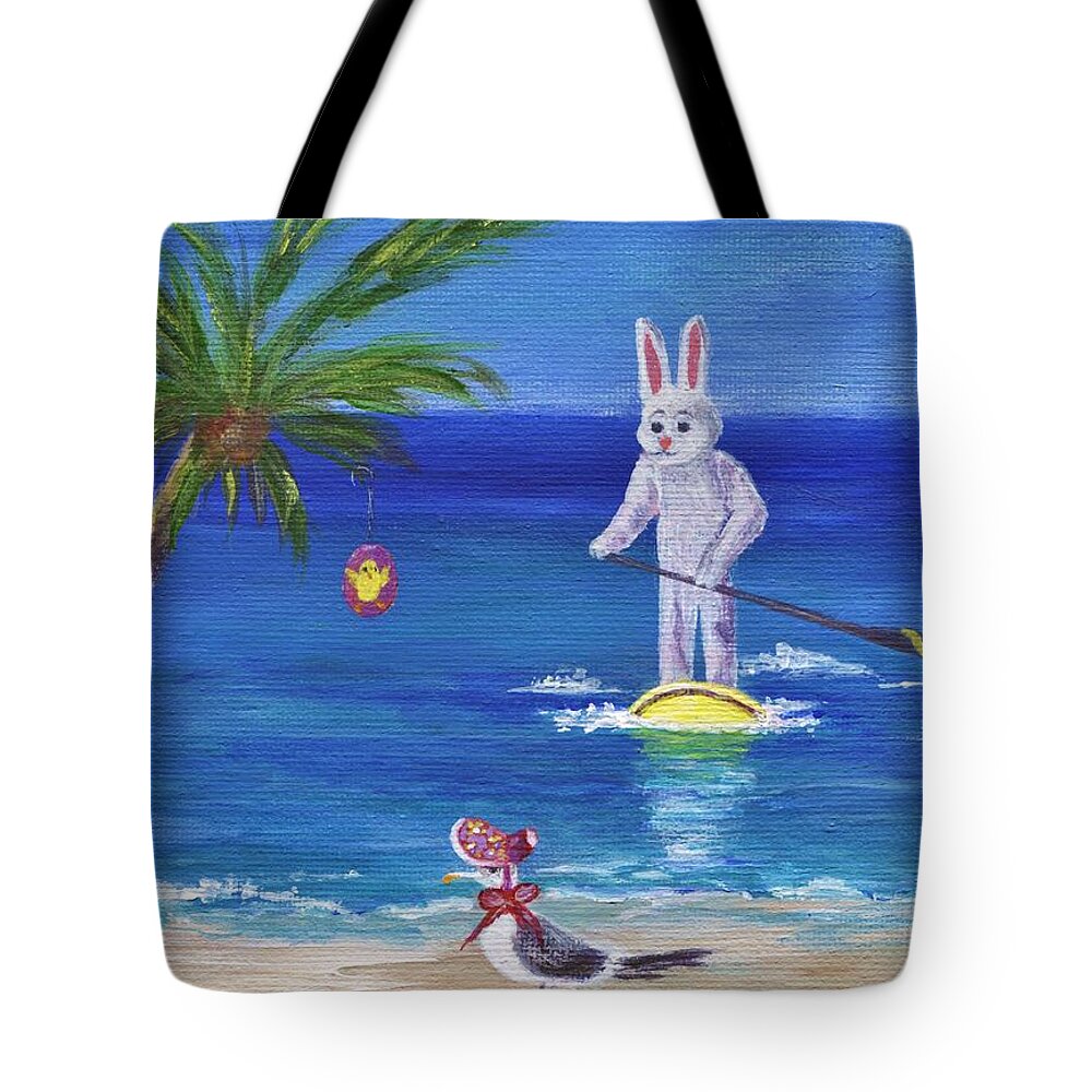 Beach Tote Bag featuring the painting E Bunny at the Beach by Jamie Frier