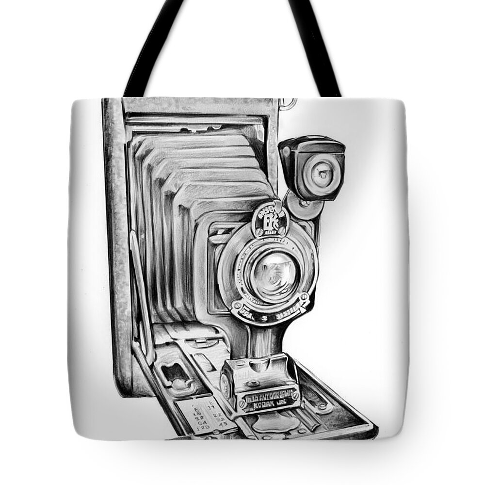 Kodak Camera Tote Bag featuring the drawing Early Kodak Camera by Greg Joens