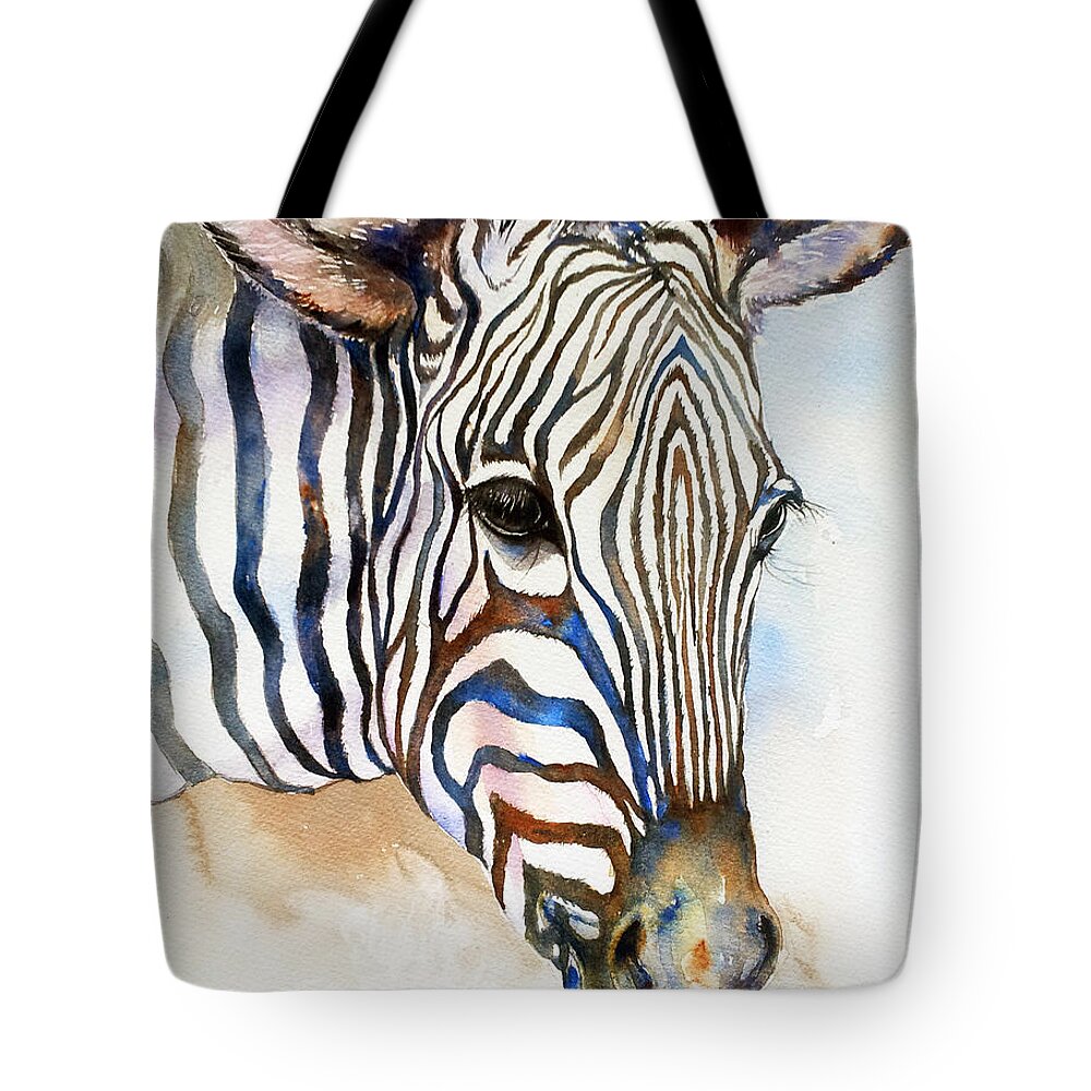 Zebra Tote Bag featuring the painting Earth and Sky_Zebra Portrait by Arti Chauhan
