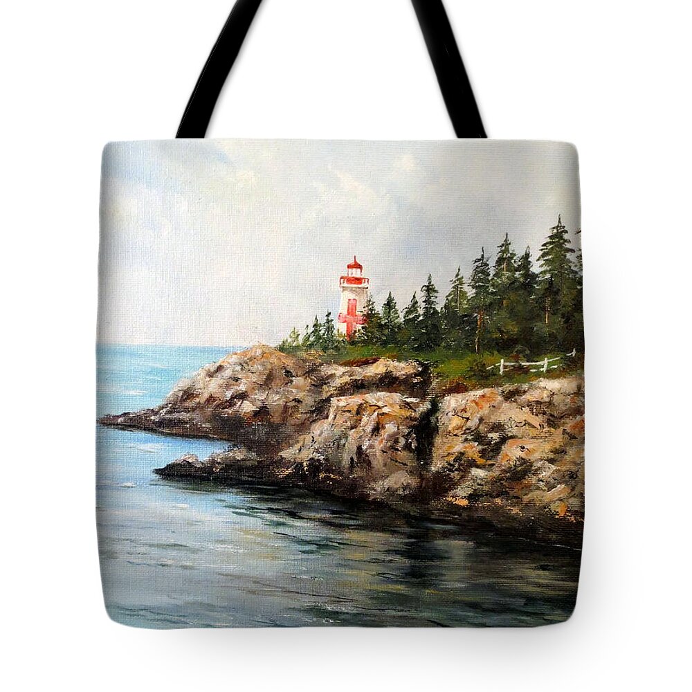 East Quoddy Head Light Tote Bag featuring the painting East Quoddy Head Light by Lee Piper