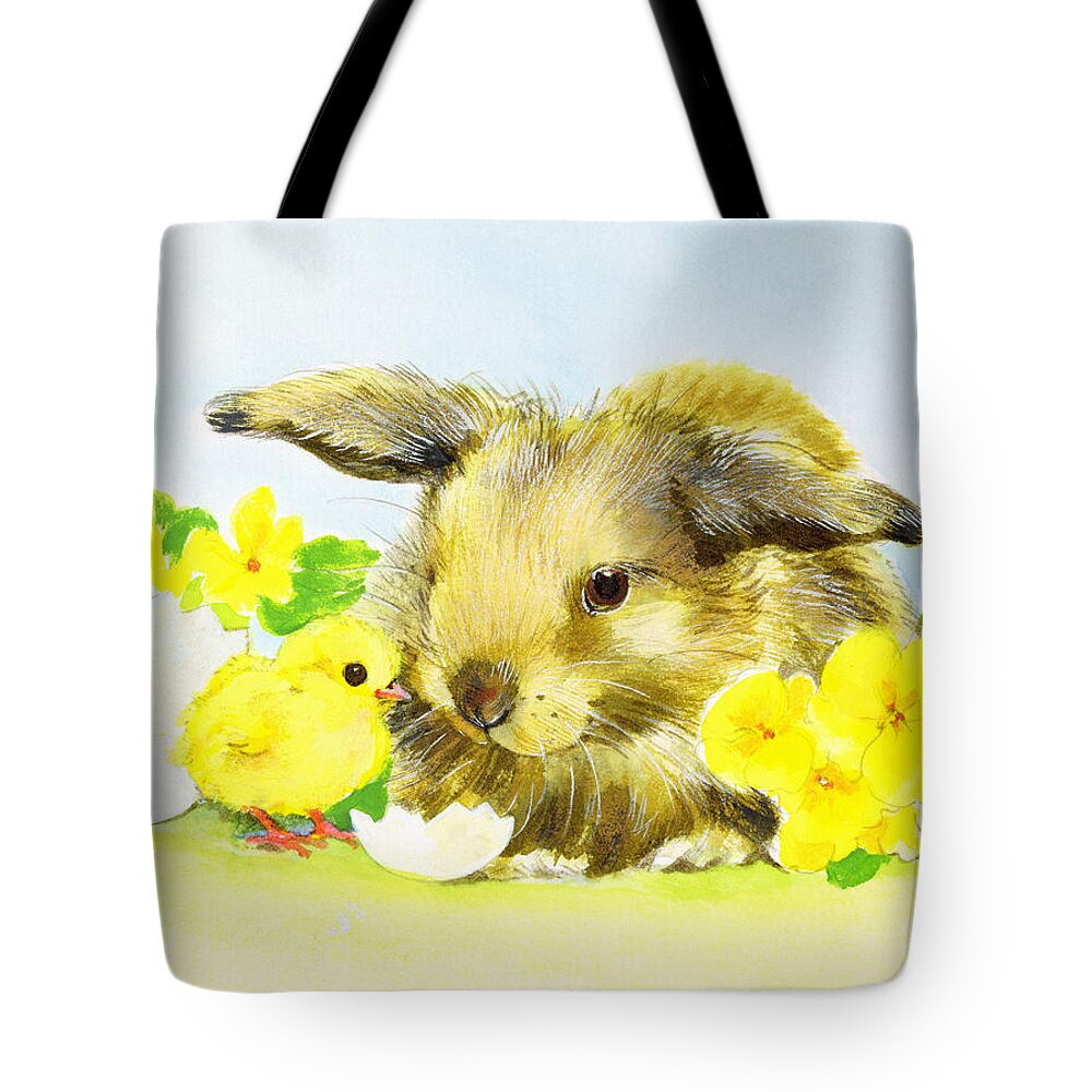 Farmyard Scenes & Animal Studies Tote Bag featuring the painting Easter bunny with primrose and chick by Diane Matthes