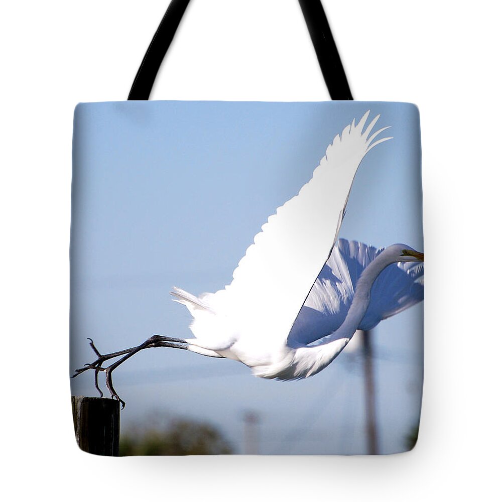 Gulf Coast Tote Bag featuring the photograph Egret in Flight by Linda Cox