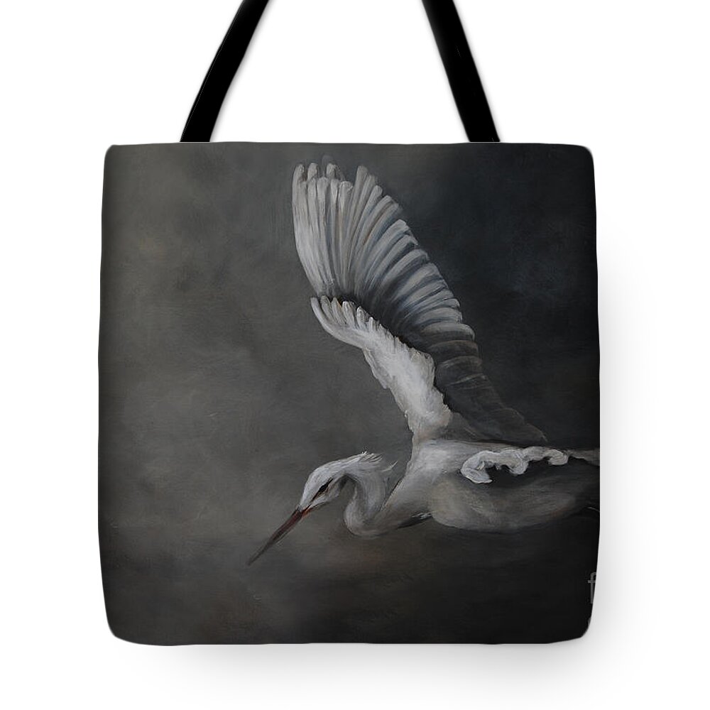 Birds Tote Bag featuring the painting Egret In Flight by Nancy Bradley