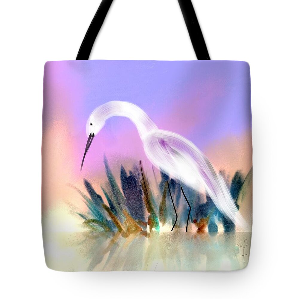 Egret Searching Tote Bag featuring the digital art Egret Searching by Frank Bright