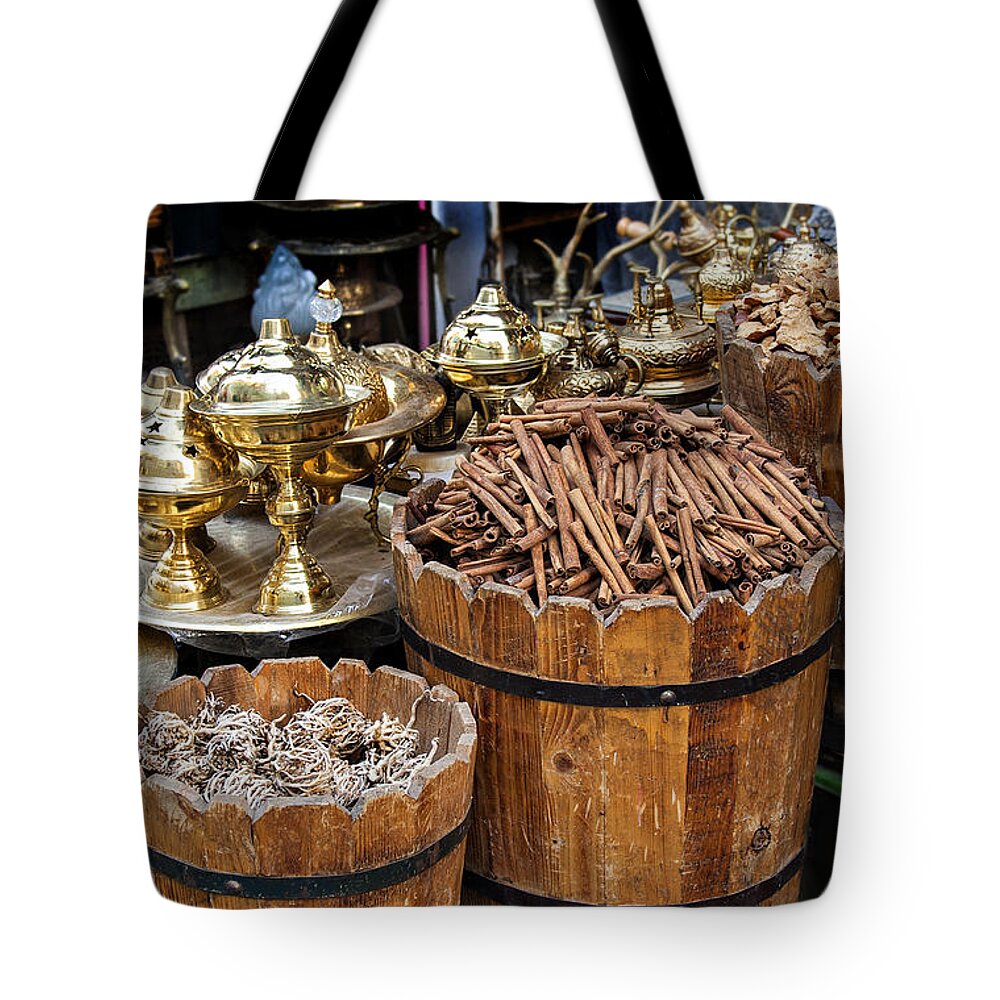 Cinnamon Tote Bag featuring the photograph Egyptian market stall by Sophie McAulay