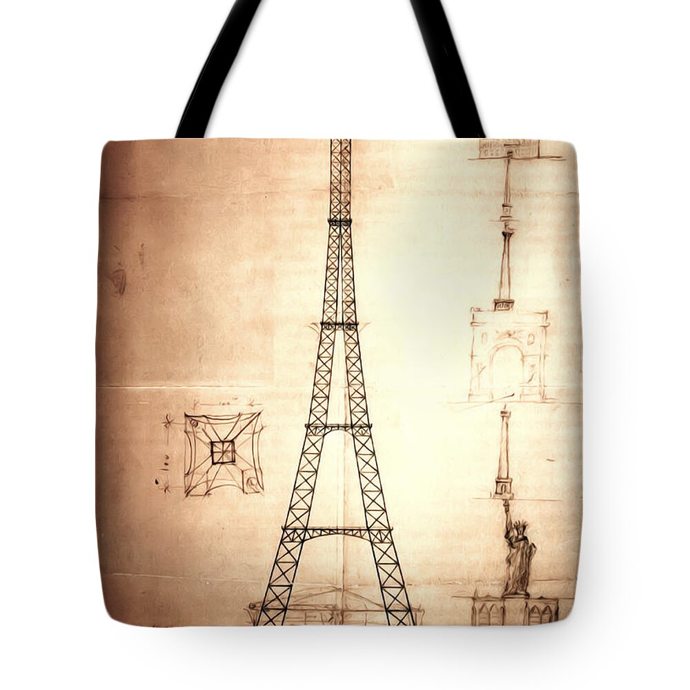 First Tote Bag featuring the digital art Eiffel Tower Design by Bill Cannon