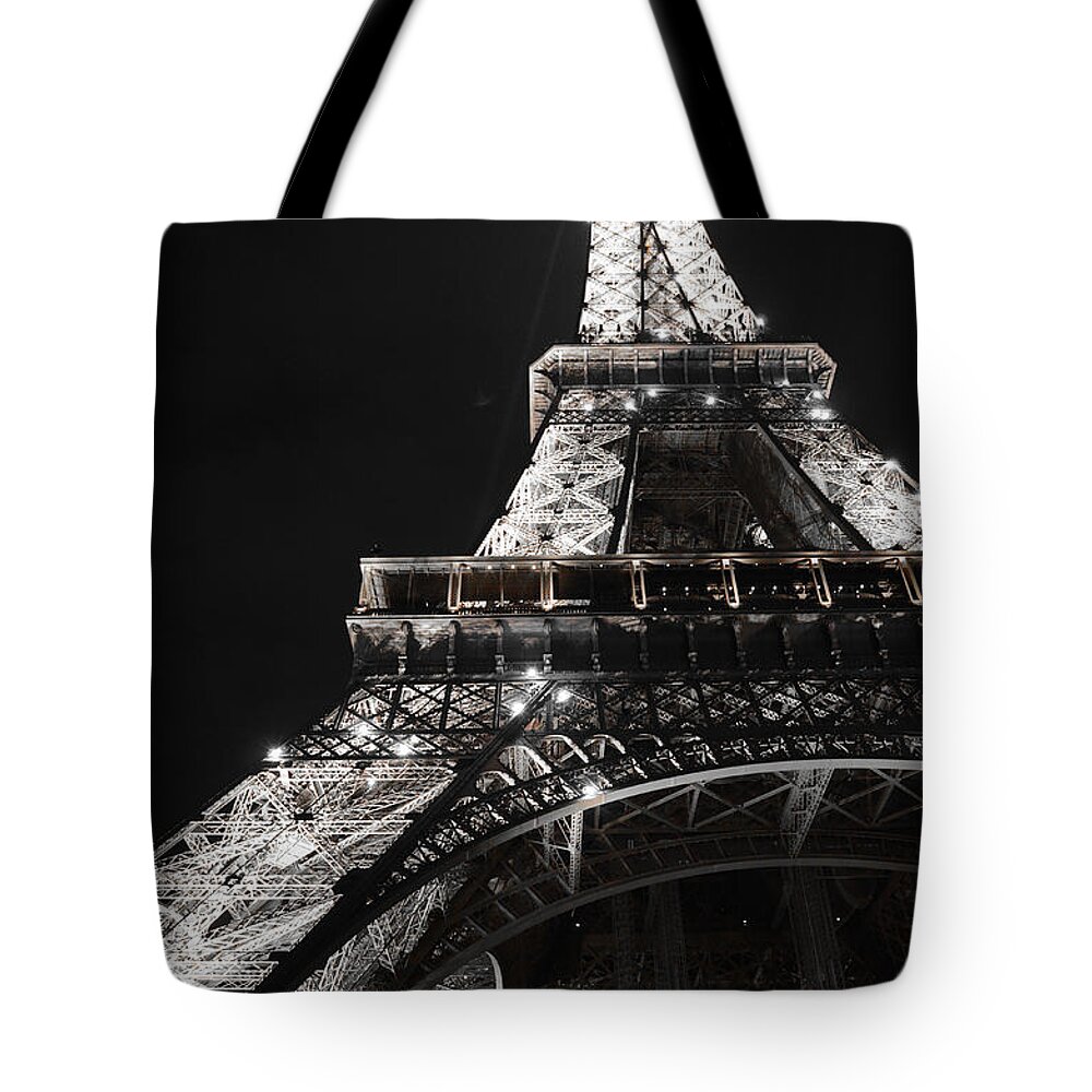 Landmark Eiffel Tower At Night Pairs France Tote Bag featuring the photograph Eiffel Tower Paris France Night lights by Patricia Awapara