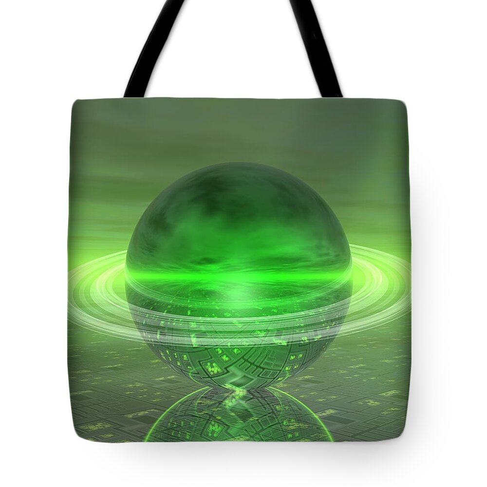 Electronic Tote Bag featuring the digital art Electronic Green Saturn by Phil Perkins