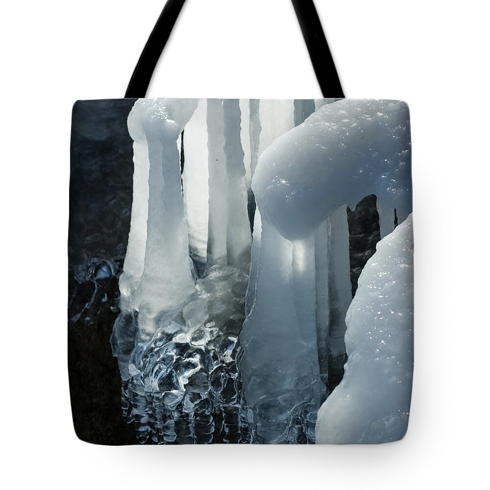 Icicle Tote Bag featuring the photograph Elegant Christmas Ornaments From Mother Nature by Georgia Mizuleva