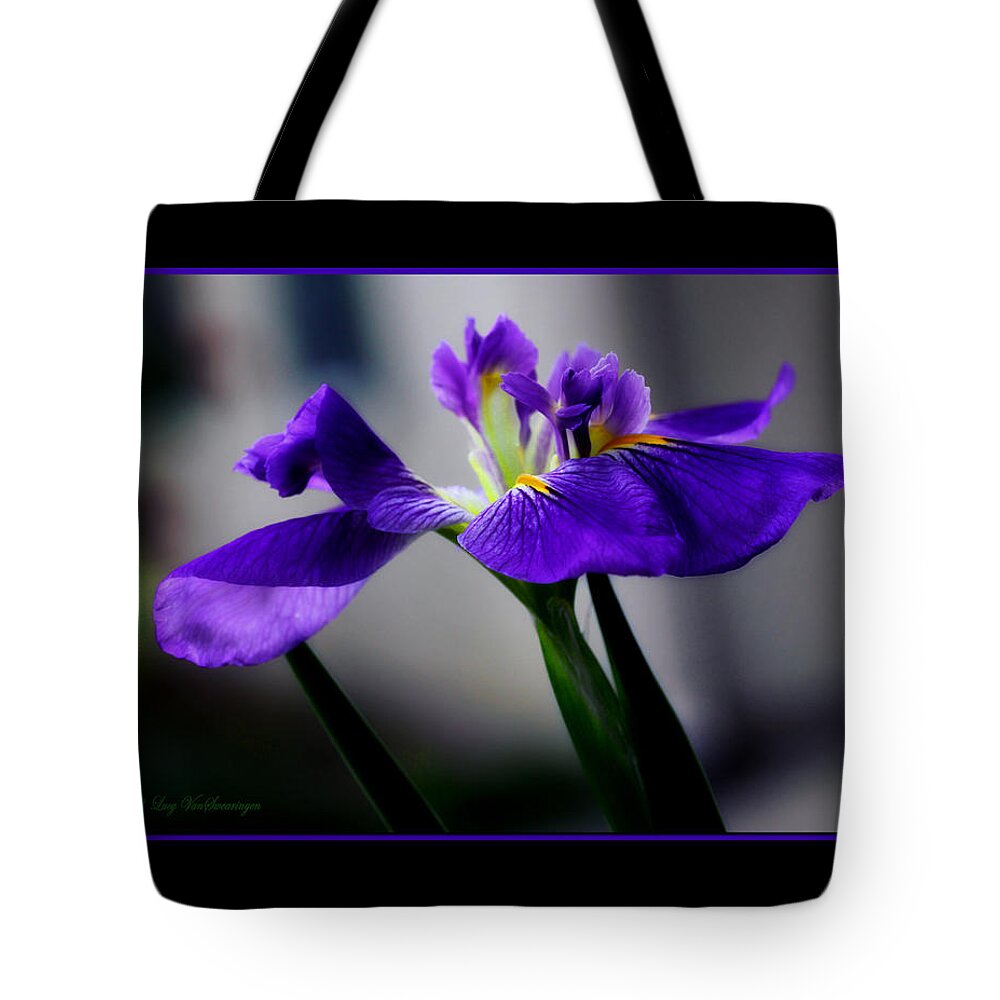 Iris Tote Bag featuring the photograph Elegant Iris with Black Border by Lucy VanSwearingen