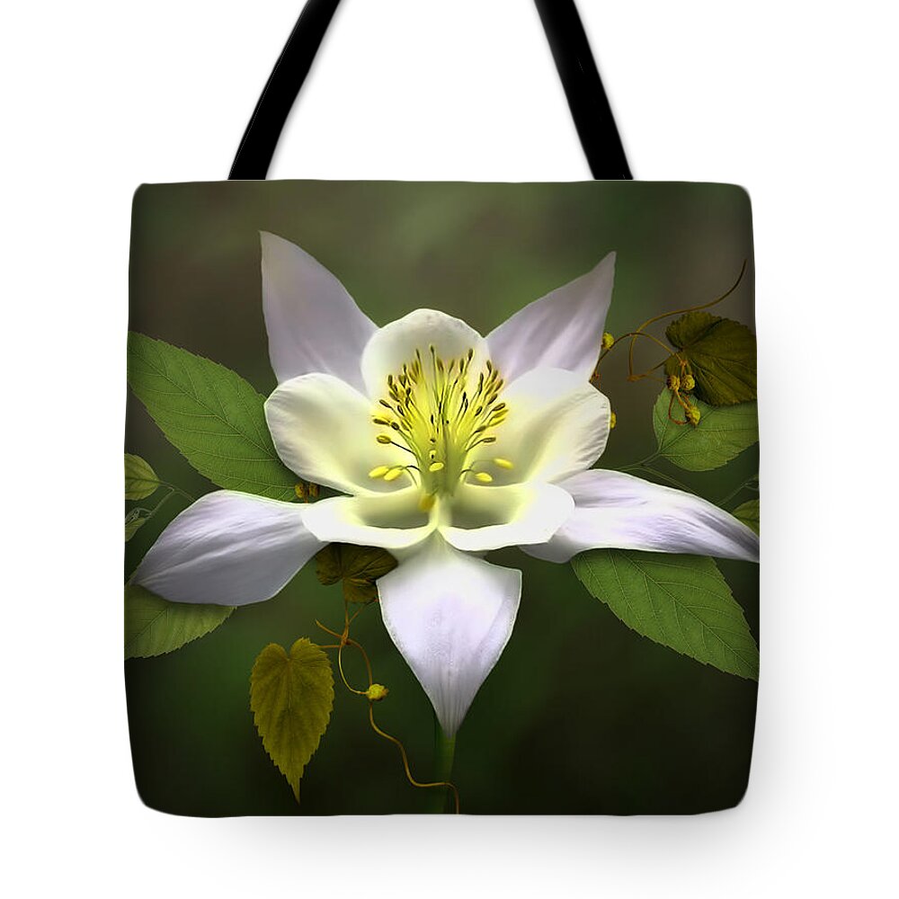 White Columbine Flower Tote Bag featuring the digital art Elegant White Columbine by Nina Bradica