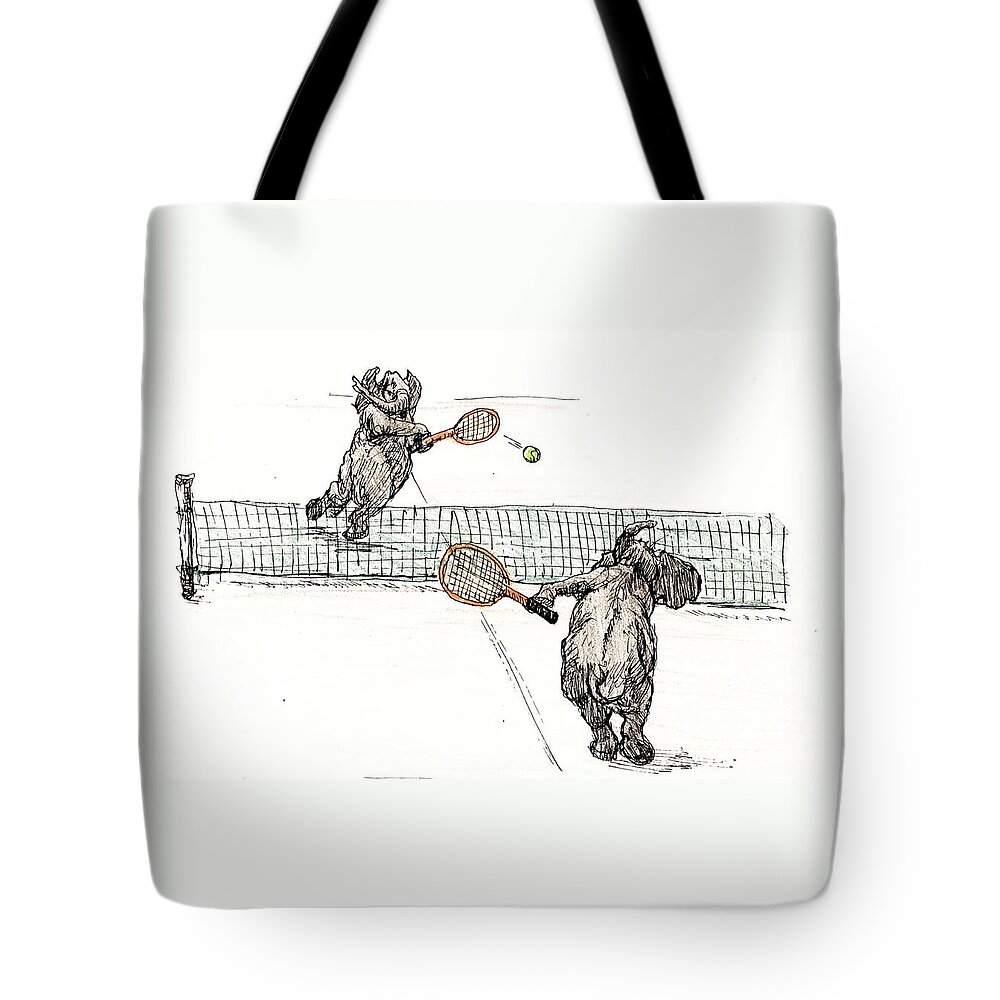 Cartoon Tote Bag featuring the painting Elephants playing tennis by Donna Tucker