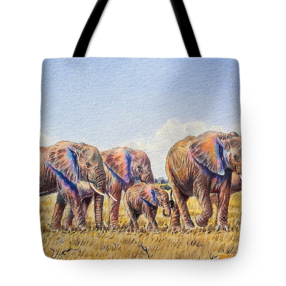 African Paintings Tote Bag featuring the painting Elephants Walking by Joseph Thiongo