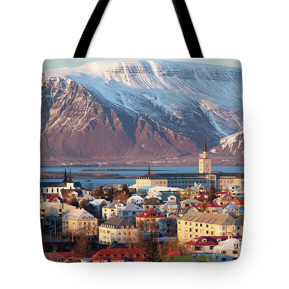 Snow Tote Bag featuring the photograph Elevated View Over Reykjavik, Iceland by Travelpix Ltd