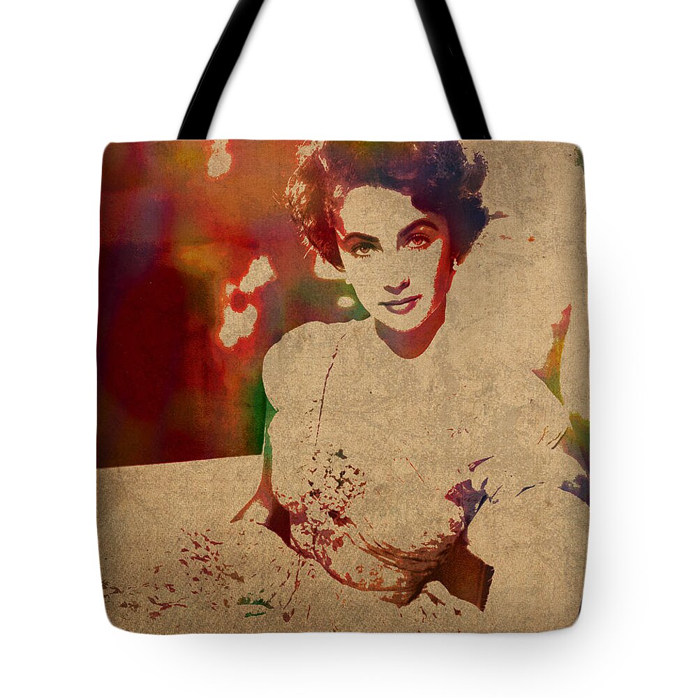 Elizabeth Taylor Tote Bag featuring the mixed media Elizabeth Taylor Watercolor Portrait on Worn Distressed Canvas by Design Turnpike