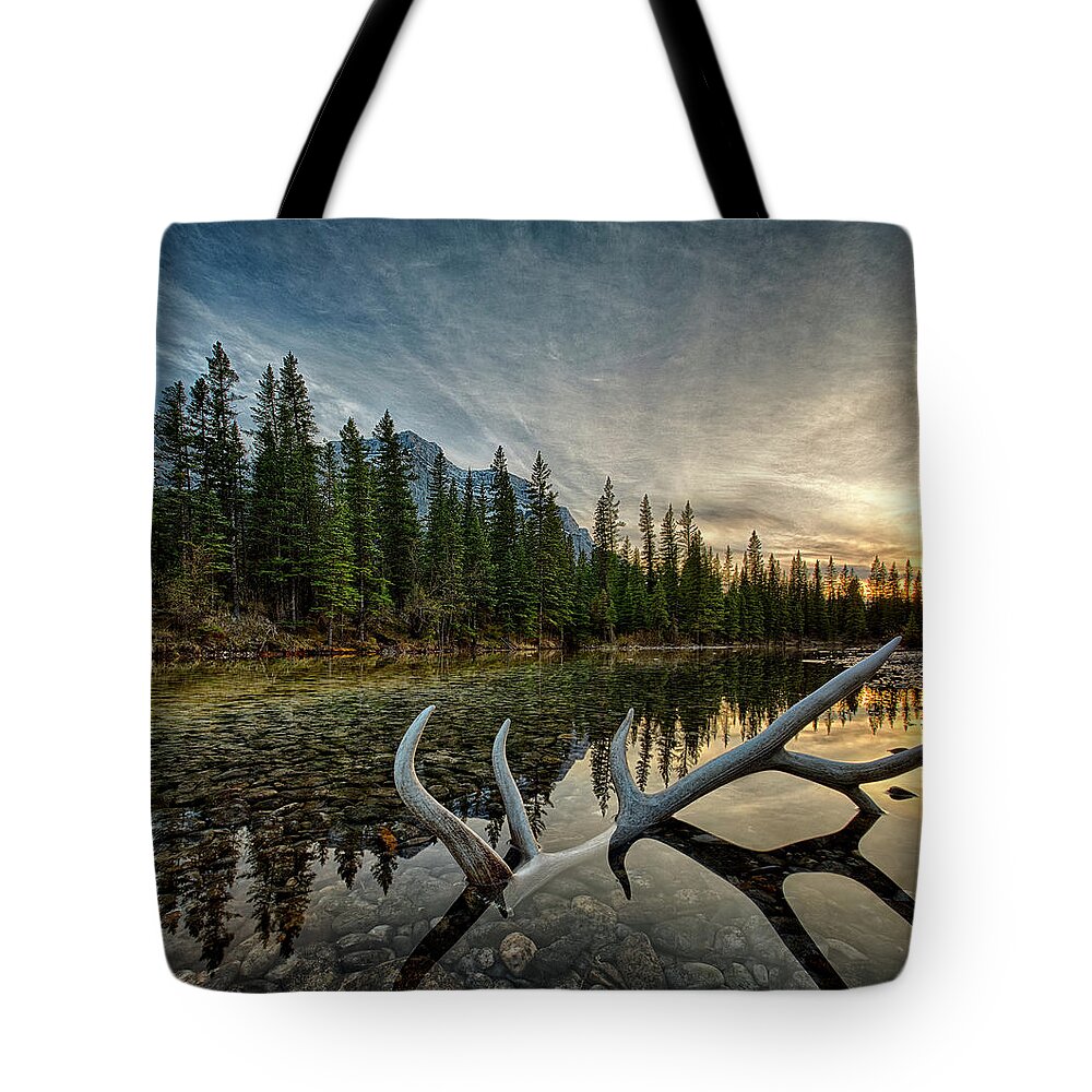 Scenics Tote Bag featuring the photograph Elk Antler Adds Reflection To Mountain by Ascent Xmedia