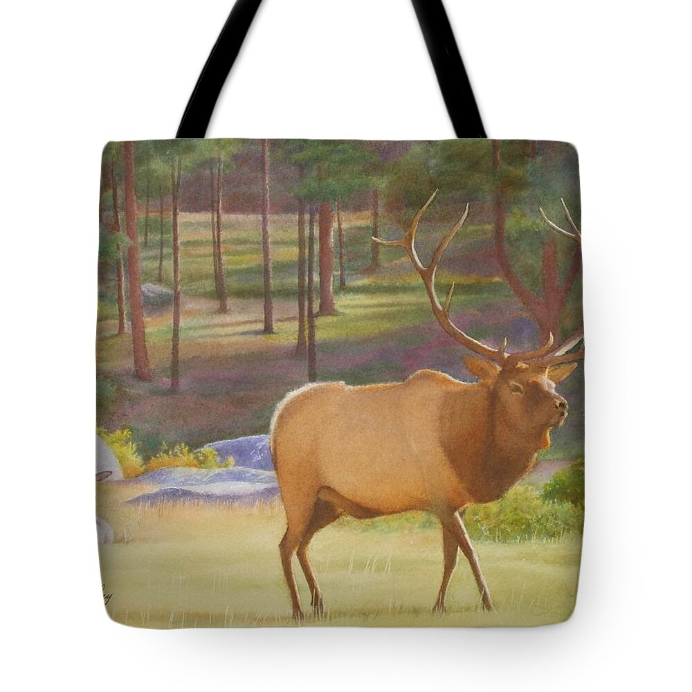 Watercolor Tote Bag featuring the painting Elk Mates Moraine Park by Daniel Dayley