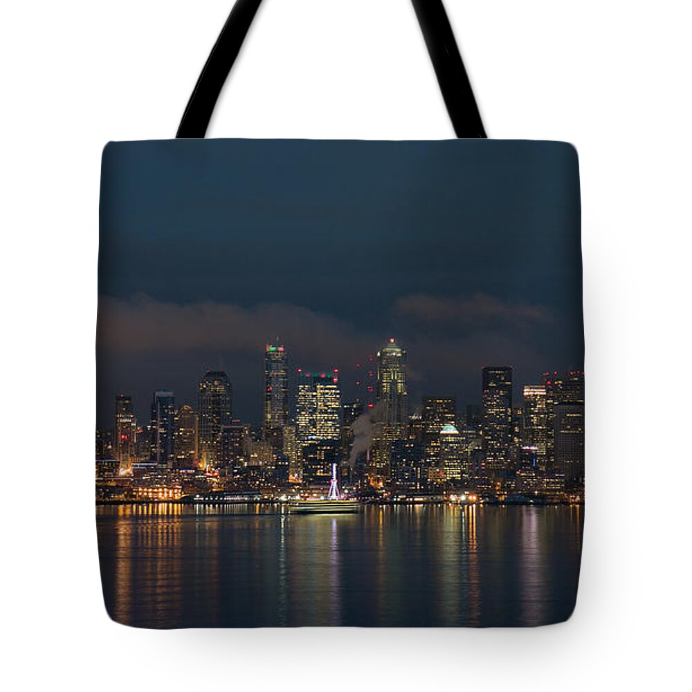 Washington State Ferry Tote Bag featuring the photograph Emerald City at Night by E Faithe Lester