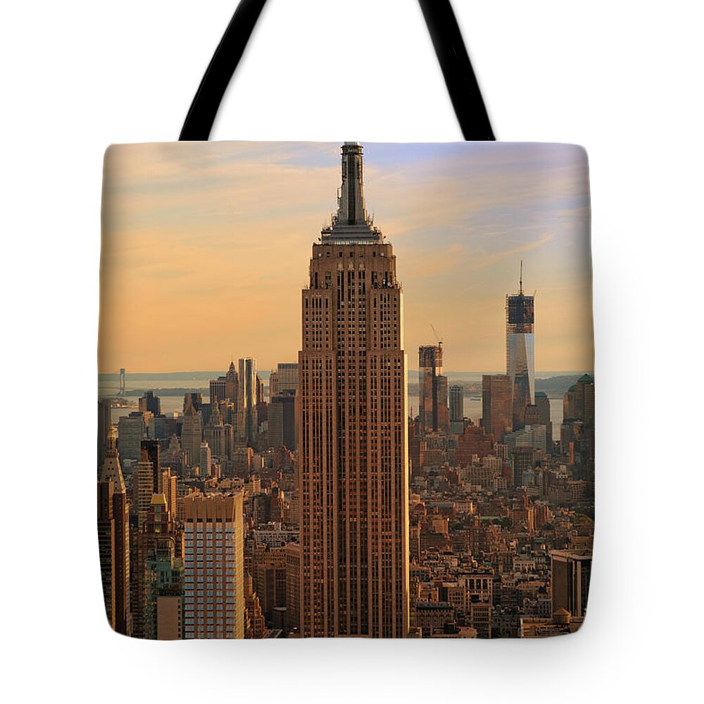 Lower Manhattan Tote Bag featuring the photograph Empire State Building At Sunset Xxxl by Bezov