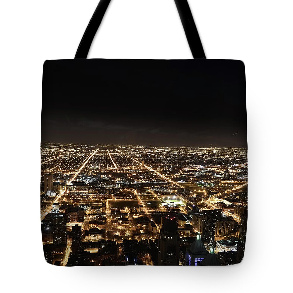Scenics Tote Bag featuring the photograph Endless Aerial Big City Light Trails At by Sir Francis Canker Photography