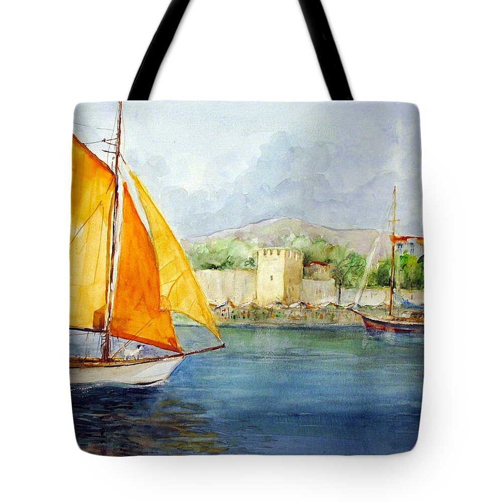 Sails Tote Bag featuring the painting Entering the Port - Foca Izmir by Faruk Koksal