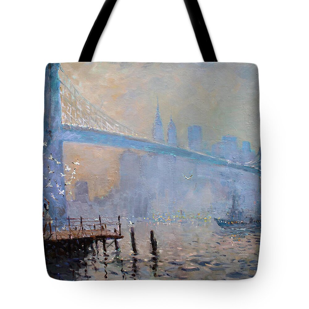 Seagulls Tote Bag featuring the painting Erbora and the Seagulls by Ylli Haruni