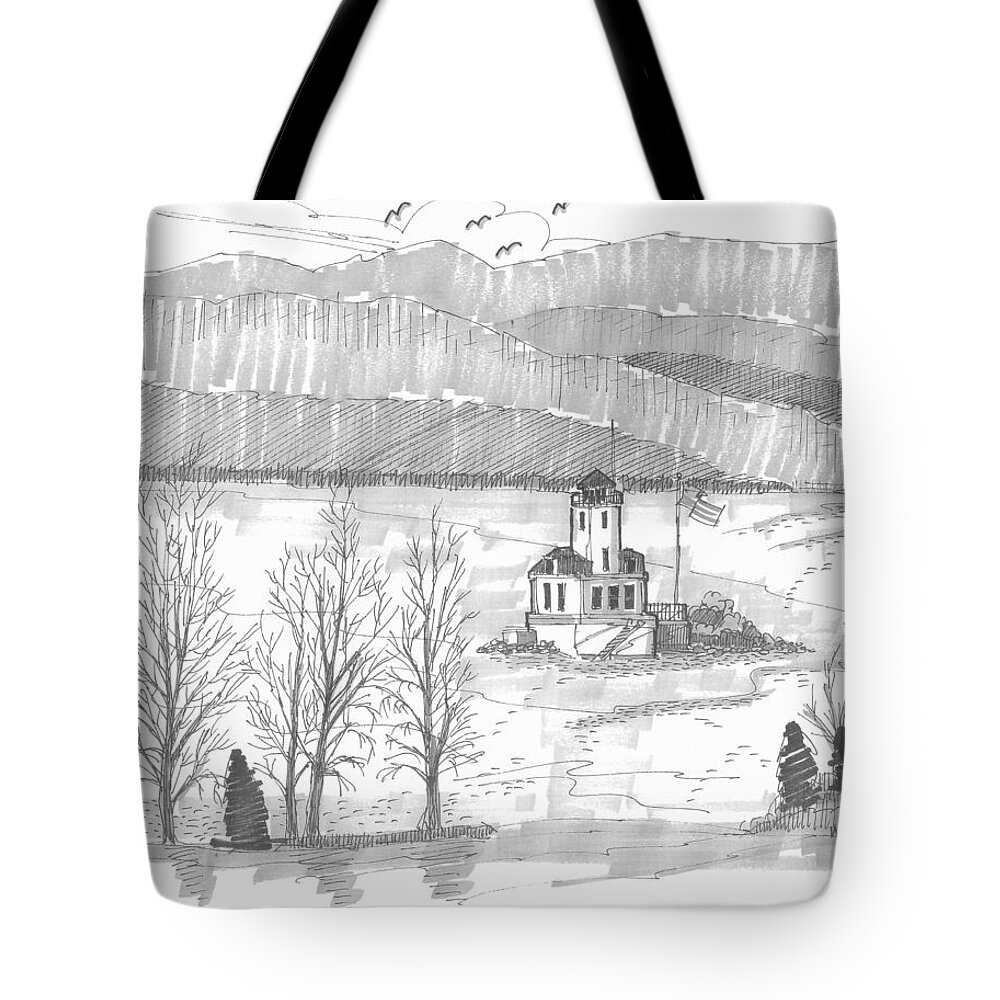 Lighthouse Tote Bag featuring the drawing Esopus Lighthouse by Richard Wambach