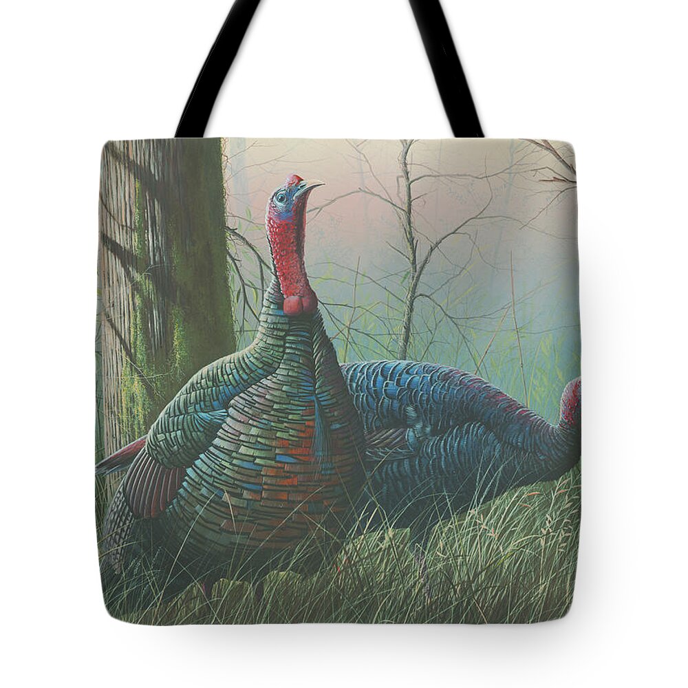 Wild Turkeys Paintings Tote Bag featuring the painting Etowah Drifters by Mike Brown