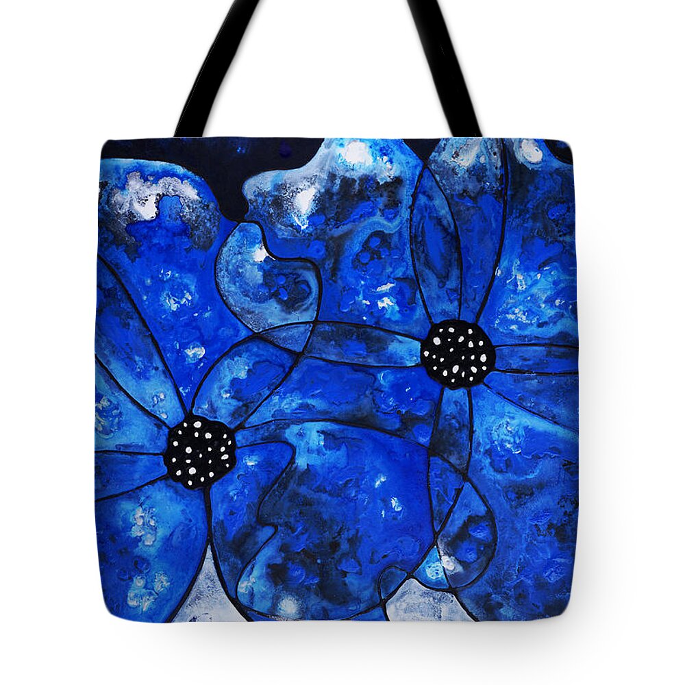 Blue Tote Bag featuring the painting Evening Bloom Blue Flowers by Sharon Cummings by Sharon Cummings