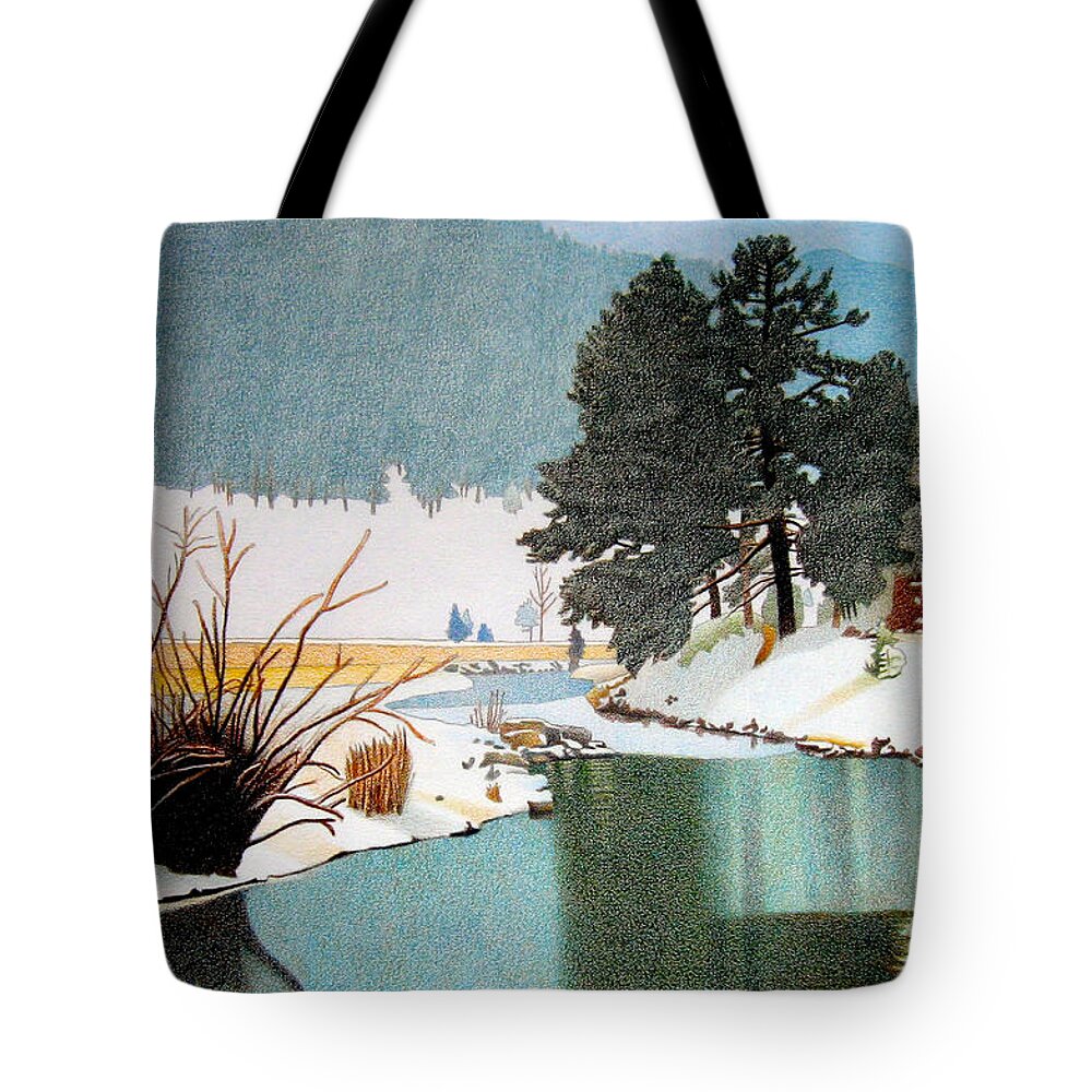 Art Tote Bag featuring the drawing Evergreen Lake Winter by Dan Miller