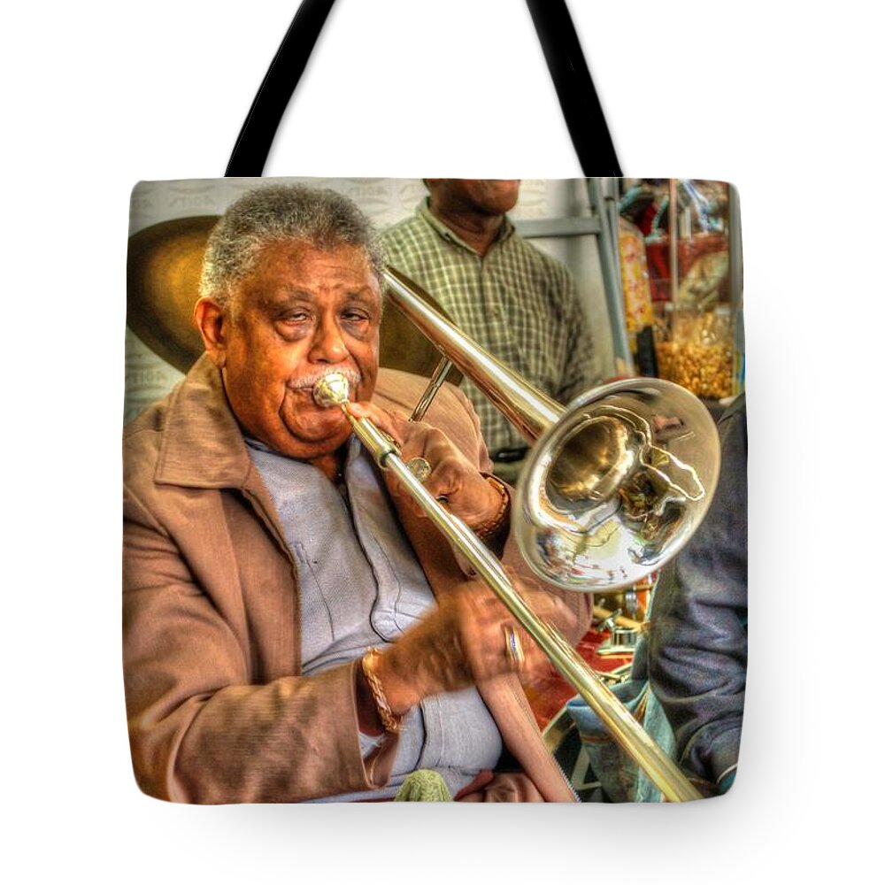 Mobile Tote Bag featuring the digital art Excelsior Band Horn Player by Michael Thomas