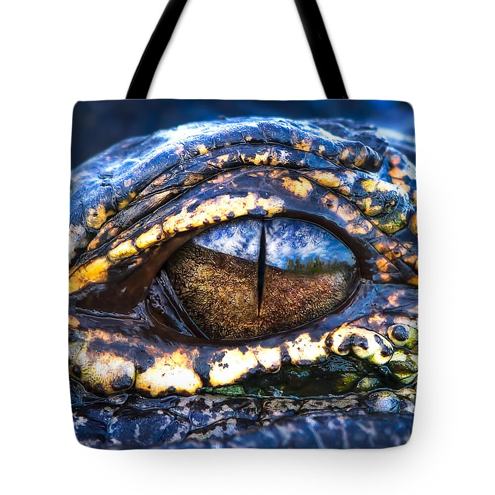 Alligator Tote Bag featuring the photograph Eye of the Dragon by Mark Andrew Thomas