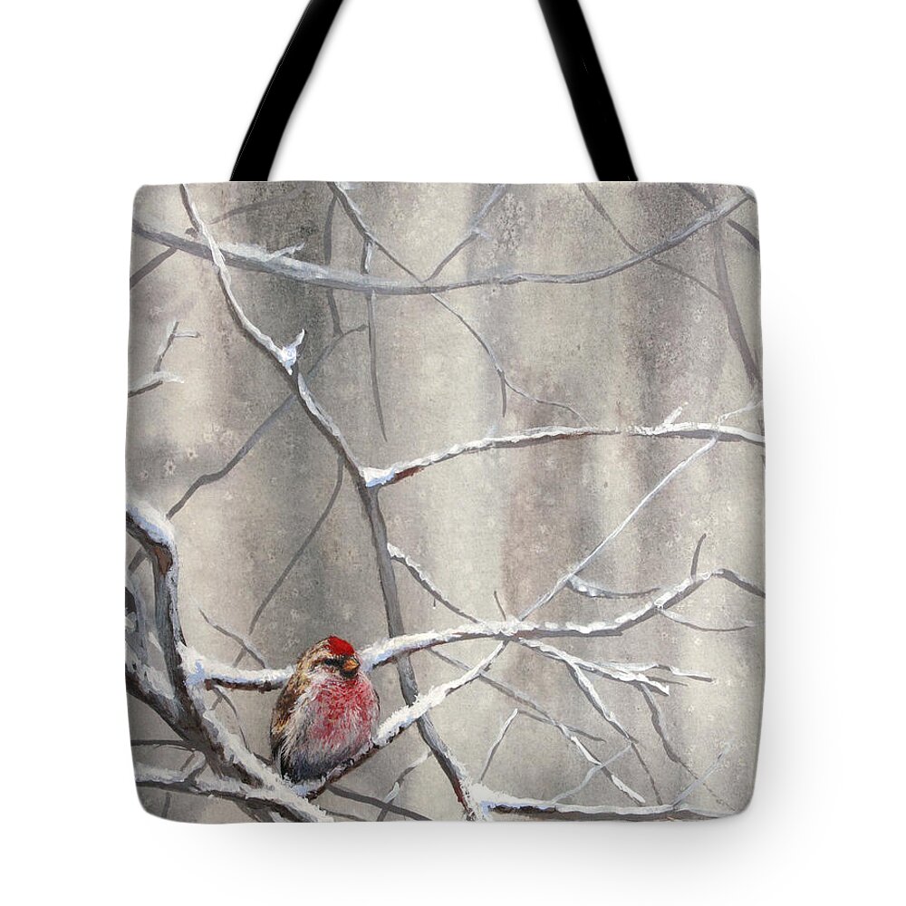 Bird Art Tote Bag featuring the painting Eyeing The Feeder Alaskan Redpoll In Winter by K Whitworth