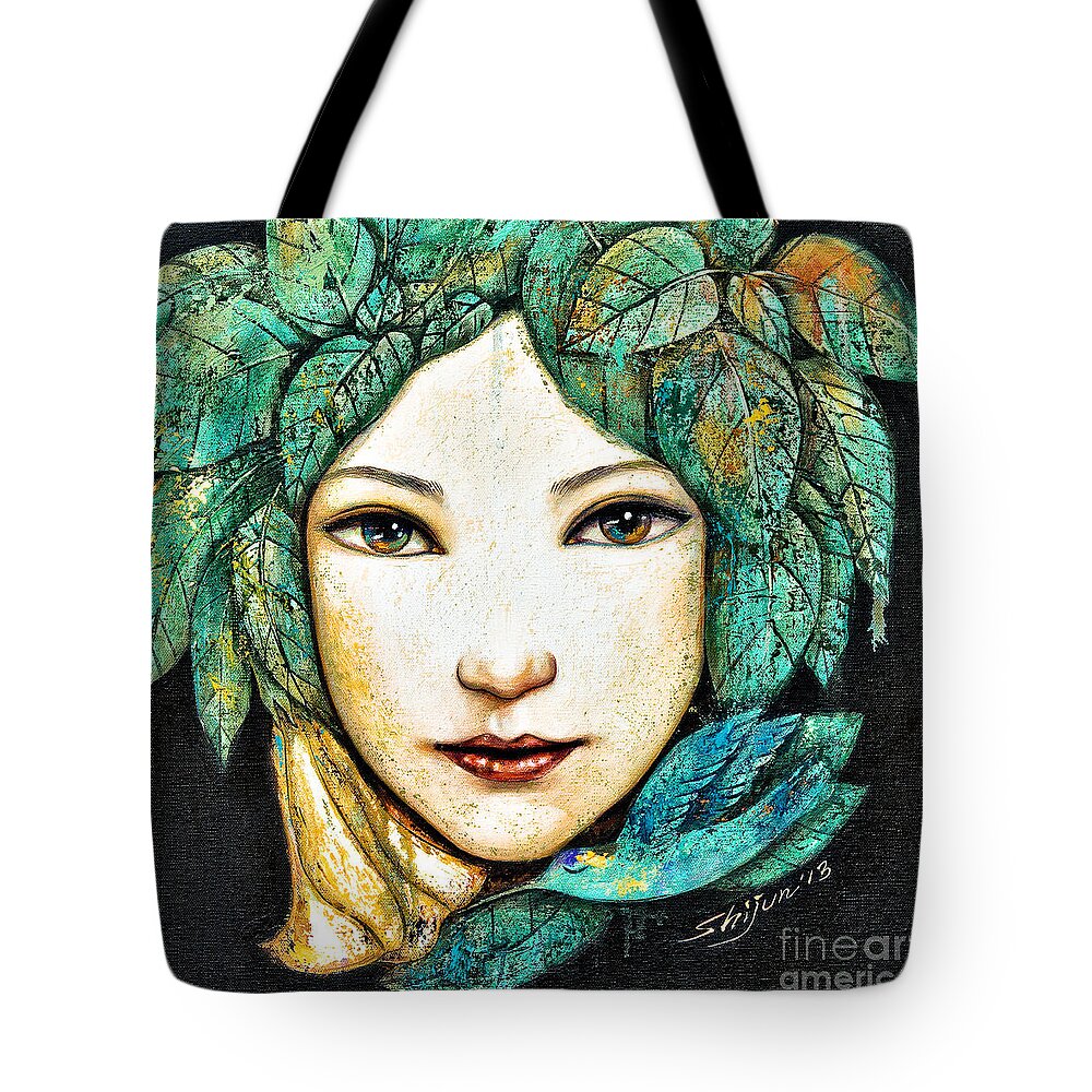 Shijun Tote Bag featuring the painting Eyes of the Forest by Shijun Munns