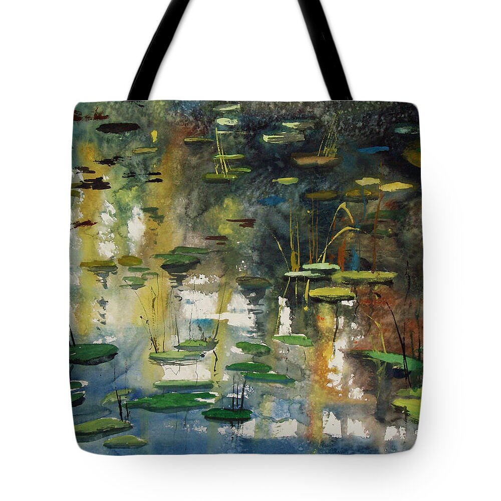 Watercolor Tote Bag featuring the painting Faces in the Pond by Ryan Radke