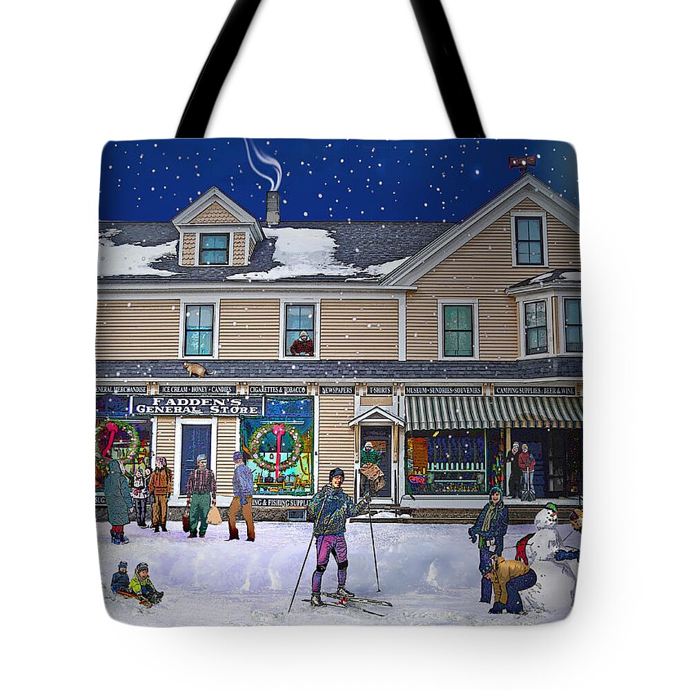 Faddens General Store Tote Bag featuring the digital art Faddens General Store in North Woodstock NH by Nancy Griswold