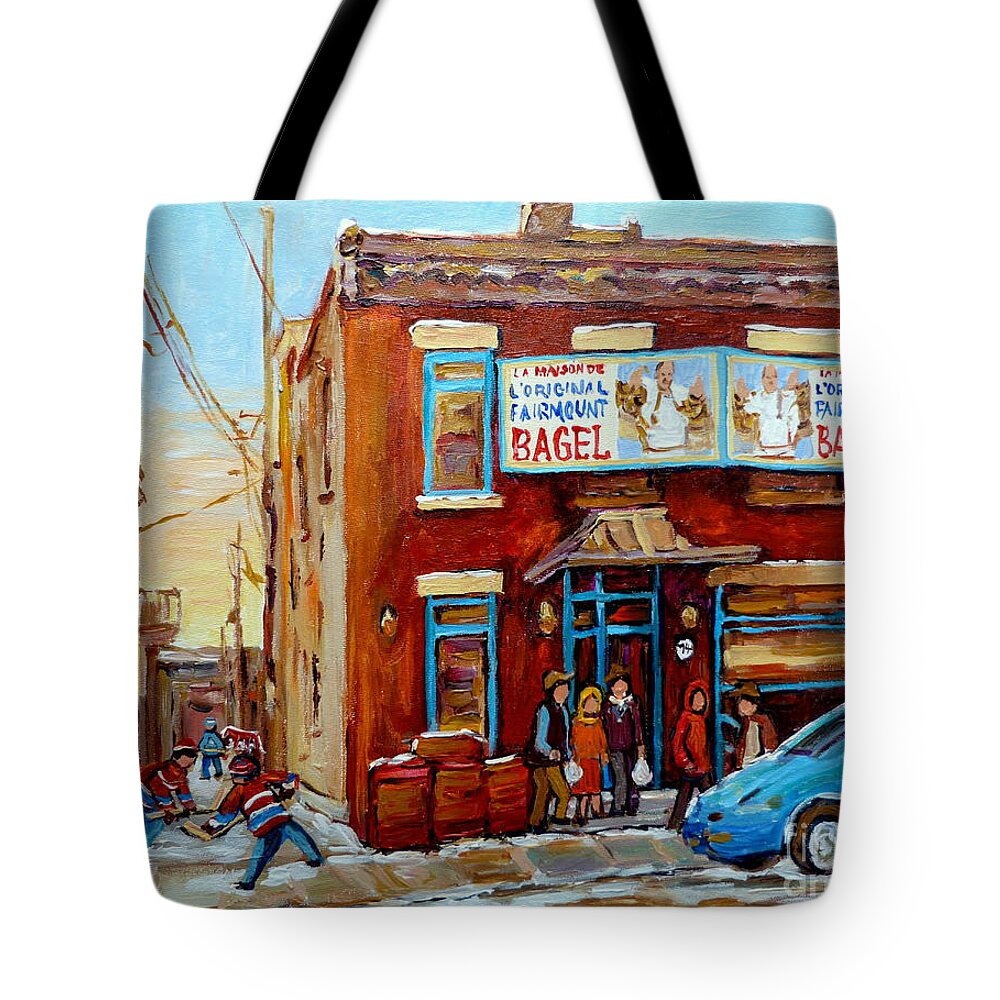 Montreal Tote Bag featuring the painting Fairmount Bagel In Winter Montreal City Scene by Carole Spandau