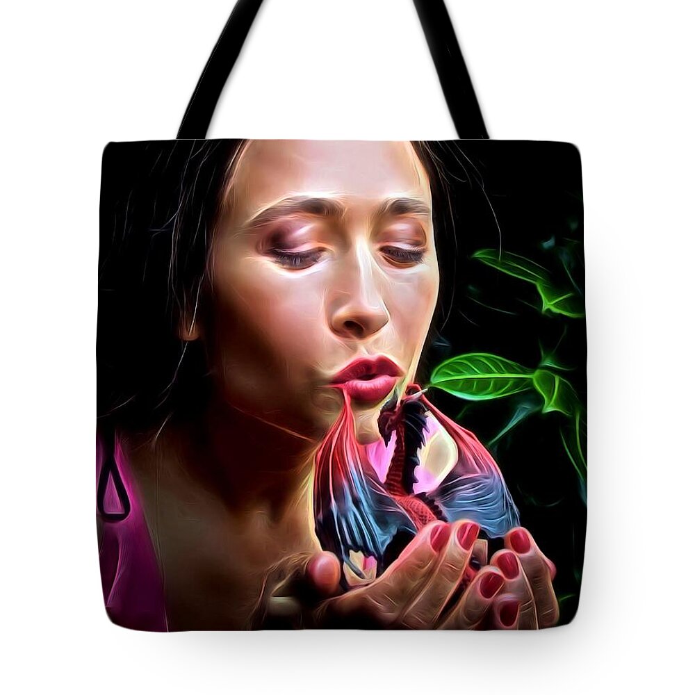 Fairy Tote Bag featuring the painting Fairy Kiss by Jon Volden