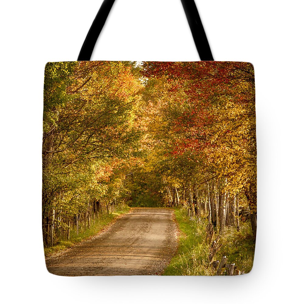 Autumn Foliage New England Tote Bag featuring the photograph Fall color along a Peacham Vermont backroad by Jeff Folger