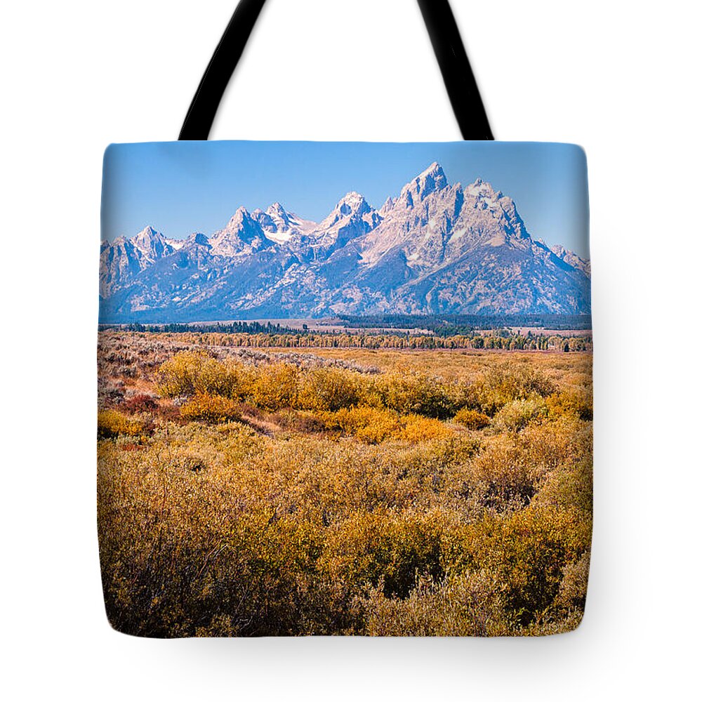 Tetons Tote Bag featuring the photograph Fall Colors in the Tetons  by Lars Lentz