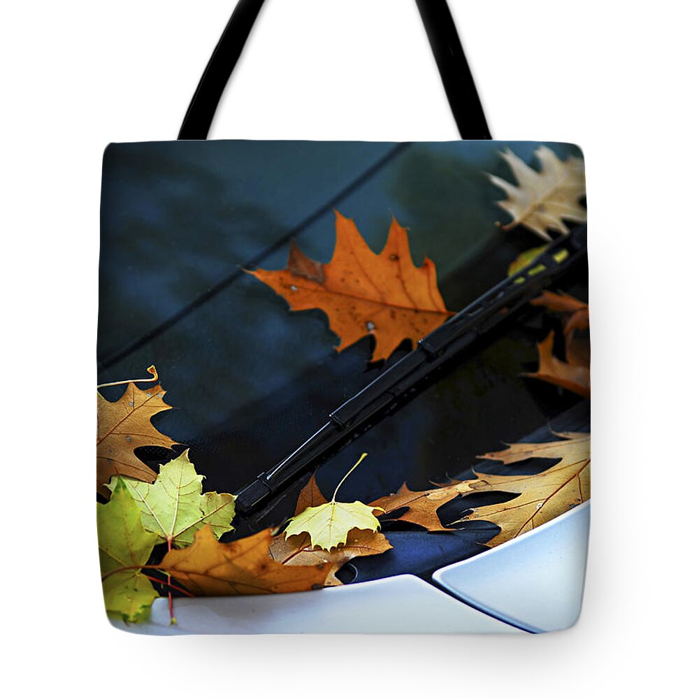 Autumn Tote Bag featuring the photograph Fall leaves on a car by Elena Elisseeva