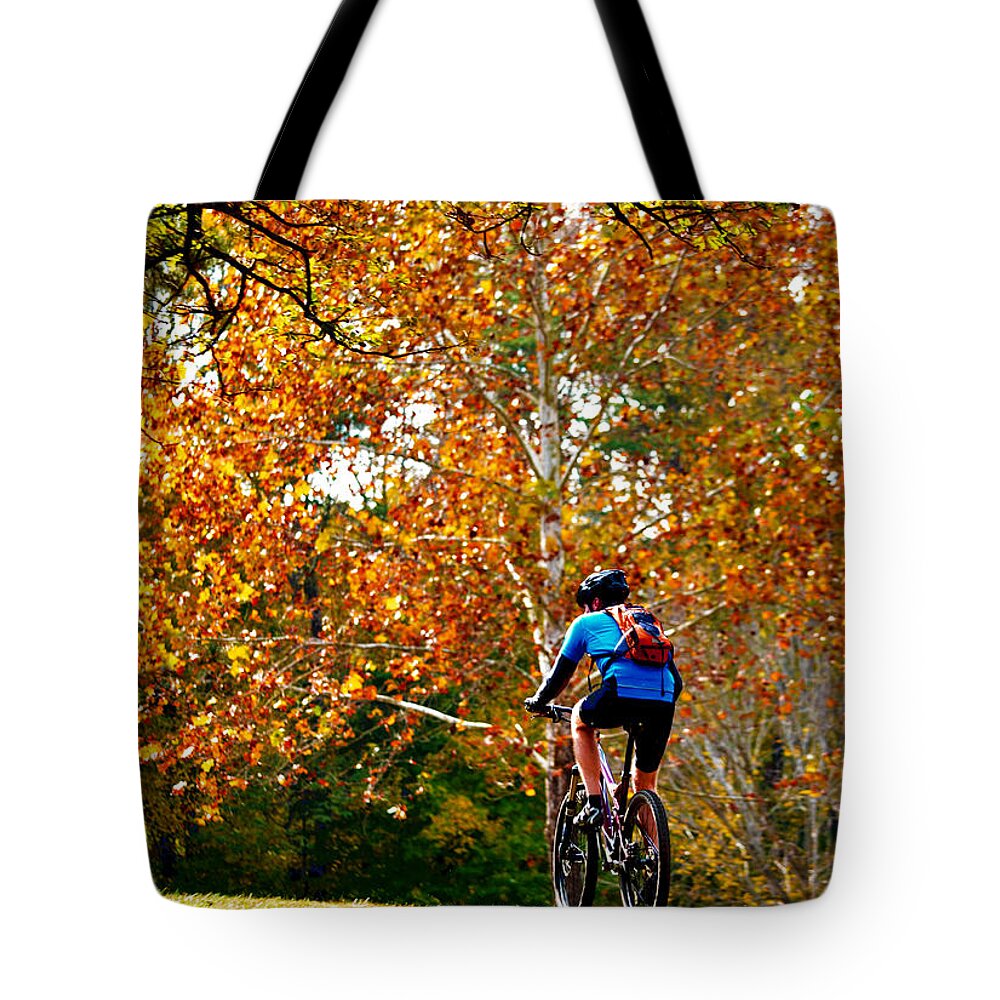 Fall Tote Bag featuring the photograph Fall Mountain Bike Ride by Sandi OReilly