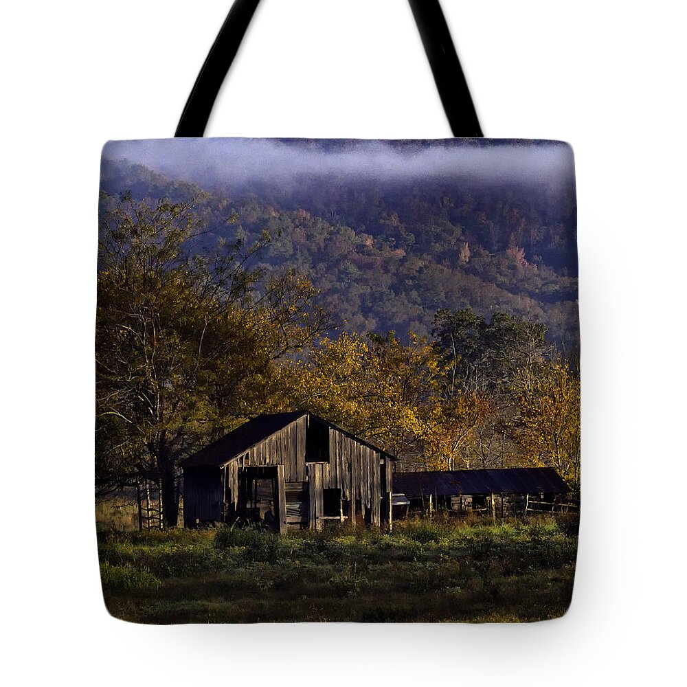 Old Barn Tote Bag featuring the photograph Fall Sunrise Old Barn at 21/43 Intersection by Michael Dougherty