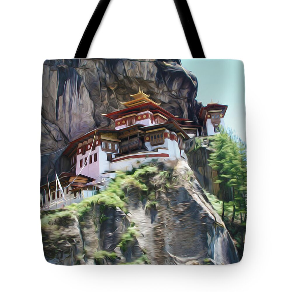 Famous Tigers Nest Monastery Of Bhutan Tote Bag featuring the painting Famous tigers nest monastery of Bhutan 7 by Jeelan Clark