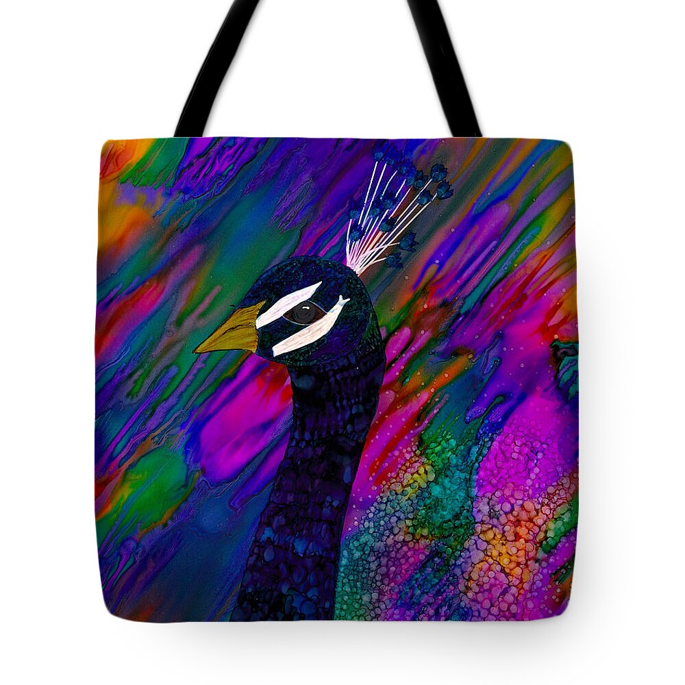 Peacock Tote Bag featuring the painting Fancy That by Eli Tynan