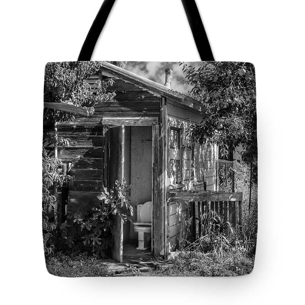 Old Building Tote Bag featuring the photograph Farmers Rest Area B/W by Bruce Bottomley