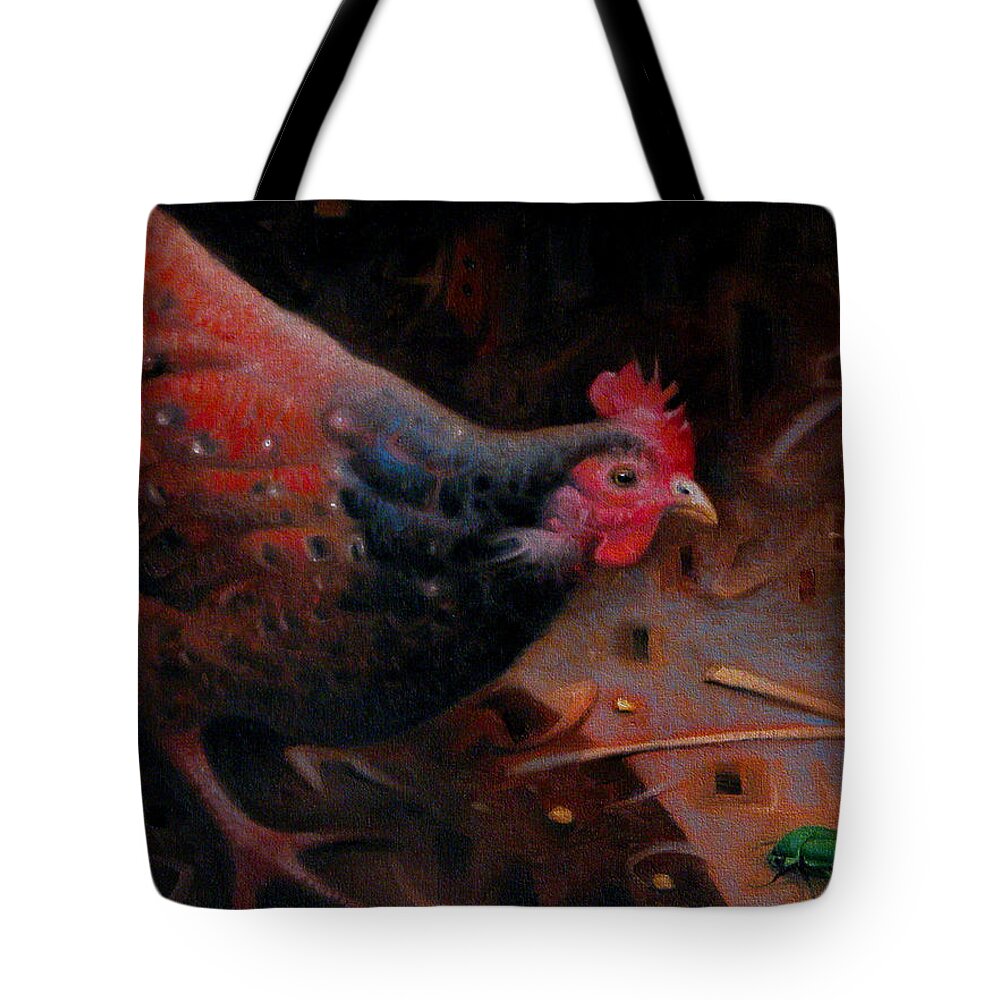 Chickens Tote Bag featuring the painting Faster than a Chicken on a June Bug by T S Carson